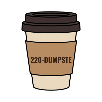 220-DUMPSTE on a coffee cup