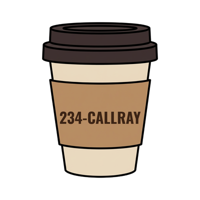 234-CALLRAY on a coffee cup