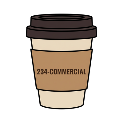 234-COMMERCIAL on a coffee cup