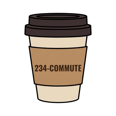 234-COMMUTE on a coffee cup