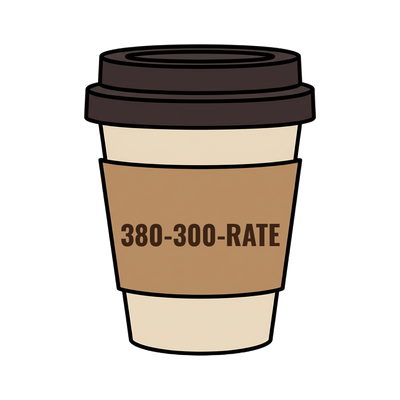 380-300-RATE on a coffee cup