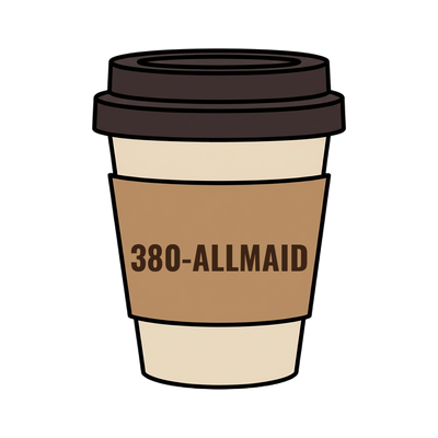 380-ALLMAID on a coffee cup