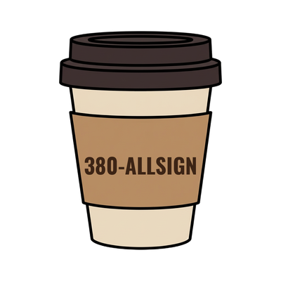 380-ALLSIGN on a coffee cup