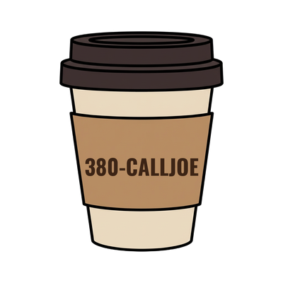 380-CALLJOE on a coffee cup