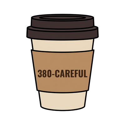 380-CAREFUL on a coffee cup