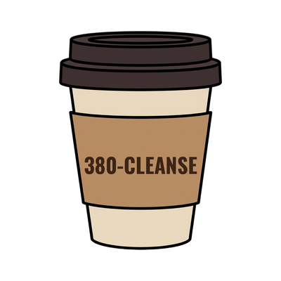 380-CLEANSE on a coffee cup