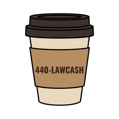 440-LAWCASH on a coffee cup