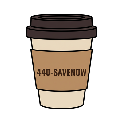 440-SAVENOW on a coffee cup