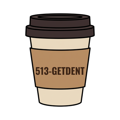 513-GETDENT on a coffee cup