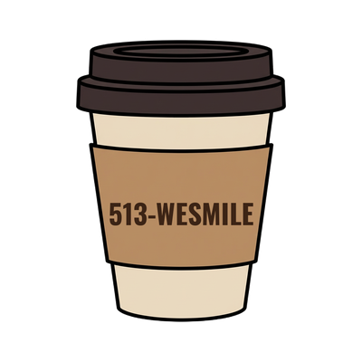 513-WESMILE on a coffee cup