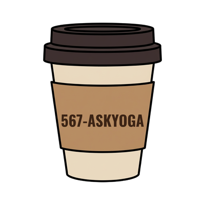 567-ASKYOGA on a coffee cup