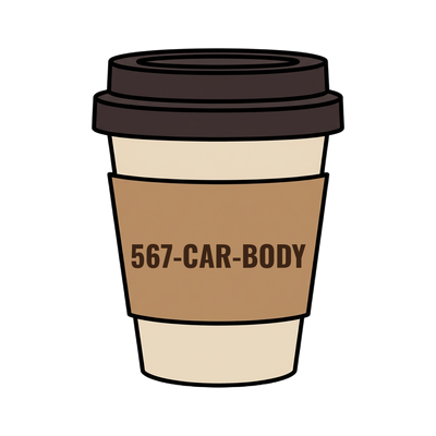 567-CAR-BODY on a coffee cup