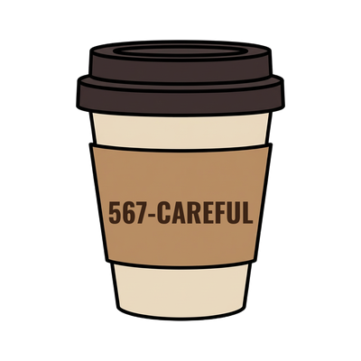 567-CAREFUL on a coffee cup