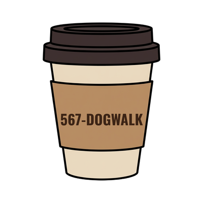 567-DOGWALK on a coffee cup