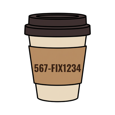 567-FIX1234 on a coffee cup