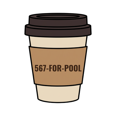 567-FOR-POOL on a coffee cup