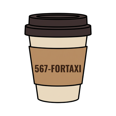 567-FORTAXI on a coffee cup