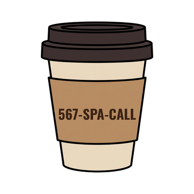 567-SPA-CALL on a coffee cup