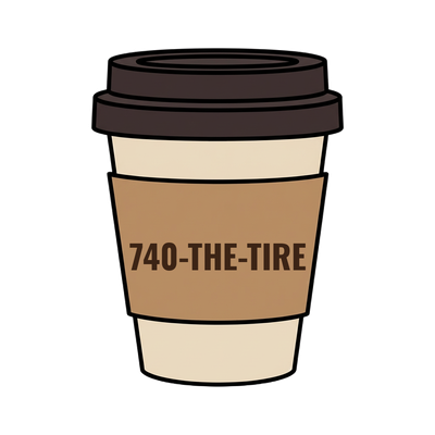 740-THE-TIRE on a coffee cup