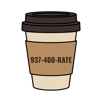 937-400-RATE on a coffee cup